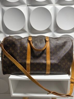 Louis Vuitton Brown Monogram Bandoulier 50 Bag with Tan Leather Trim